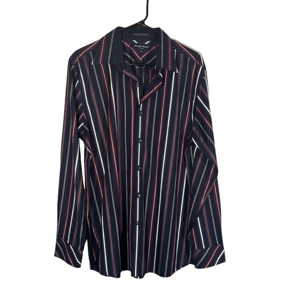 Austin Reed Men’s Navy Blue & Red Striped Collared Button-Down Shirt Size Medium